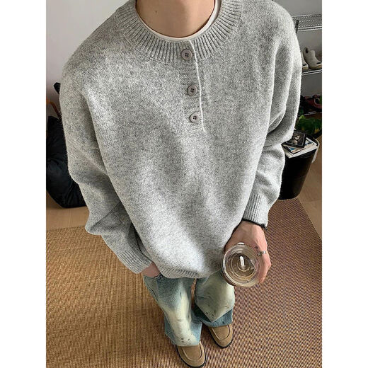 Xiaohongshu's same style gray American Henry collar sweater men's winter lazy style bottoming sweater cleanf light gray Henry collar M M95-115Jin Jin is equal to 0.5 kg