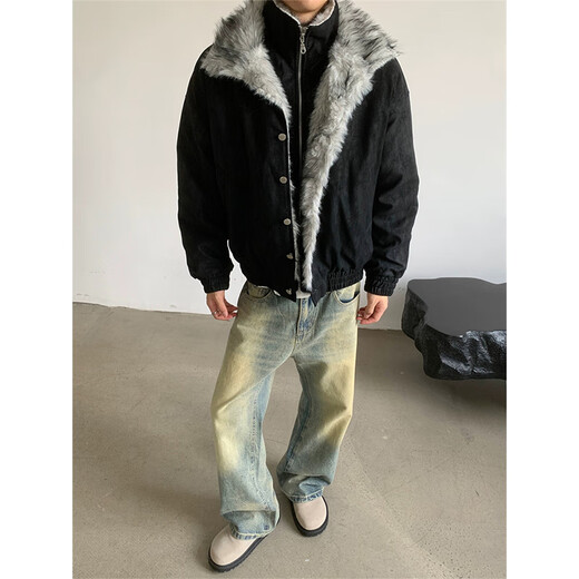 Luyal American fake two-piece Wolf Throne mountain carving cotton jacket for men in winter, warm and thickened, temperamental and warm, high-grade cotton jacket, black XL, it is recommended to take one size larger