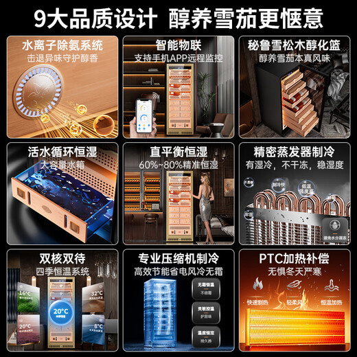 Kelong 608C cigar cabinet, constant temperature and humidity, water ion ammonia removal, smart WiFi, IoT control, air-cooled cedar wood liner shelf, alcohol feeding, water circulation compressor, refrigeration cigar cabinet, rose gold 3-wake cigar box culture + cedar wood liner shelf + purified ammonia + WiFi