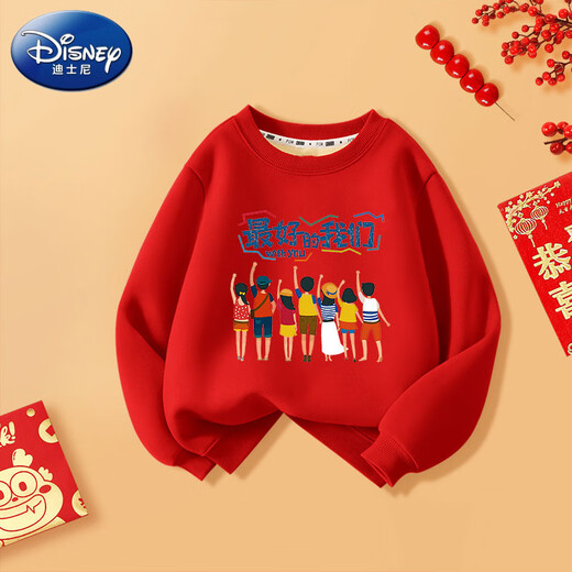 Disney (Disney) 2025 parent-child clothing for a family of three activity clothes plus velvet red sweatshirt early autumn children's clothing top group clothing red - simple smiley - plus velvet 150 cm