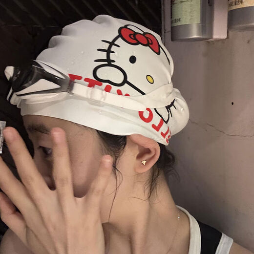 Hello kt swimming cap for women, special waterproof, long hair, big head circumference, high elasticity, cute swimming cap, good appearance, white Kitty cat swimming cap + pink nose clip earplugs, long-wearing, waterproof and anti-chlorine