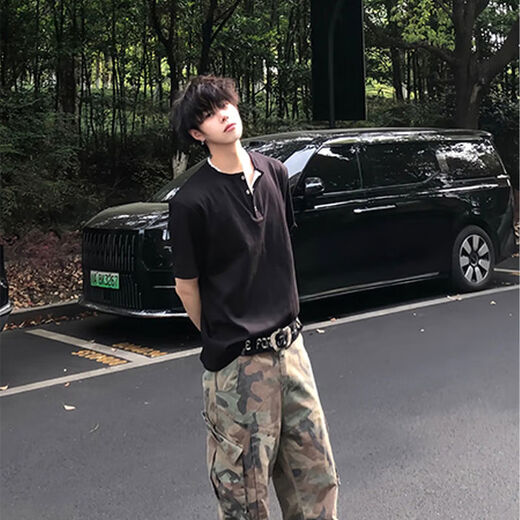 Black waffle henley collar short-sleeved men's handsome T-shirt American polo shirt cleanfit bottoming shirt floral gray upgraded model M M recommended 105-120Jin Jin equals 0.5 kg