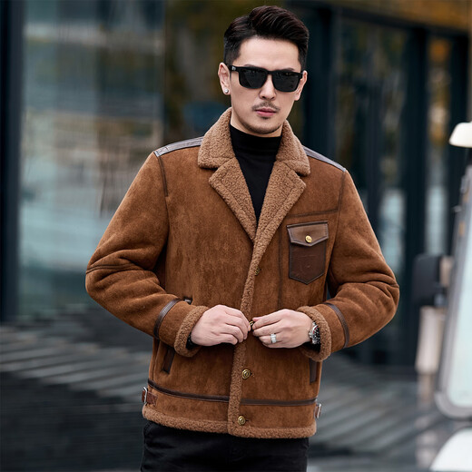 CJZ leather jacket men's parka winter plus velvet thickened jacket trendy warm fur integrated original ecological lamb wool light brown L