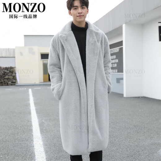 MONZO国际一线品牌加厚仿水貂毛长款皮草大衣男秋冬过膝款纯色长版皮草 浅灰色 S 90-115斤