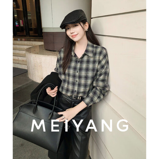 MEIYANG Miu Ge shirt retro academic style cotton plaid yarn-dyed lapel button-down mid-century Beijing classic winter new style dark blue plaid M