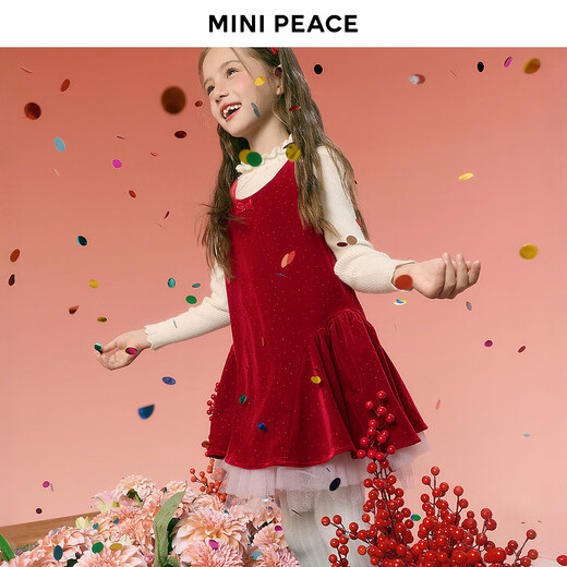 MiniPeace Princess Series Peacebird Children's Clothing Girls Red Dress New Year's Velvet Tank Top Hot Red 120