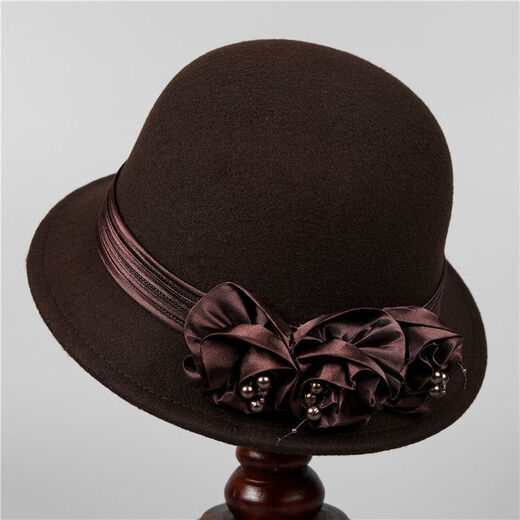 Xi Shengduo middle-aged and elderly women's winter warm fisherman hat mother autumn and winter versatile flower hat British fashion woolen basin hat burgundy one size