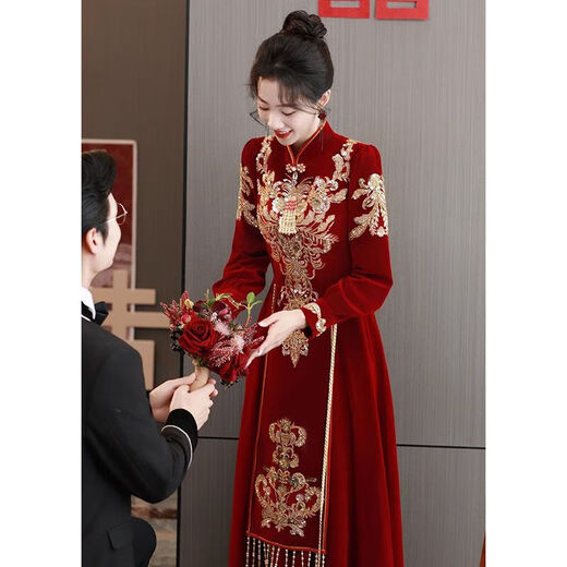 Fenggao (fenggao) Toast Wear Bride 2025 New Winter Clothes Burgundy Stand Collar Retro Cheongsam Winter Heavy Industry Embroidered Long Dress Burgundy Long Style 202 S Dress size is too small. Consult customer service to check the size.
