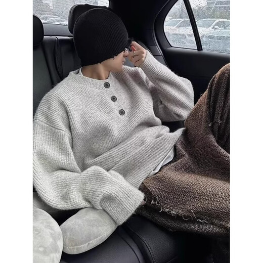 Autumn and winter fashion cleanf single-breasted sweater men's fashion lazy style Henry collar sweater loose jacket gray M