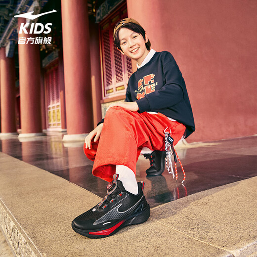 Hongxing Erke (ERKE) children's shoes for boys and girls, large and small children's sports shoes, children's knob buckle dense mesh running shoes, black/carbon gray 36