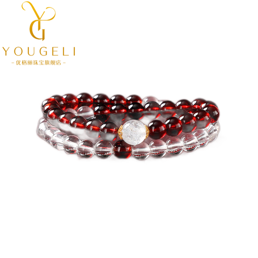 Yogurt 18K gold natural garnet double circle bracelet women's white crystal bracelet jewelry gift for girlfriend, beads 6mm