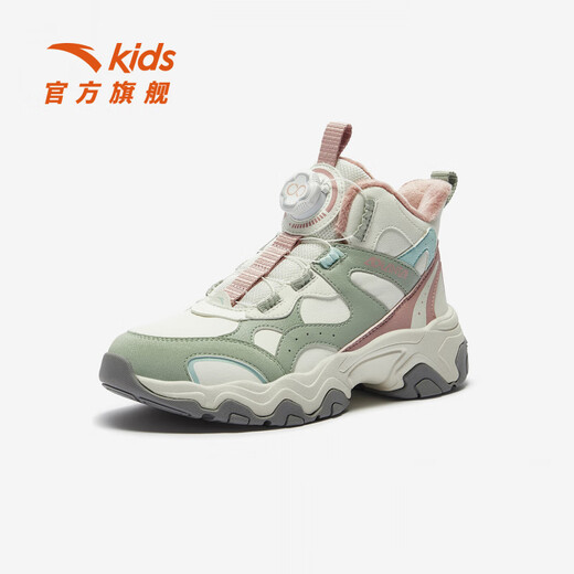 ANTA Children's Cotton Shoes for Big Girls and Little Elephant Shoes 2025 Autumn and Winter New Product Velvet Velcro High Top Snow Boots Ivory White/Hydrogen Oxygen Green/Rubber Powder-1 35