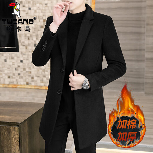 Woodpecker Wollwollmantel für Herren im koreanischen Stil, schmal, mittellang, Windjacke, Herbst und Winter, verdickte neue Wolljacke für Herren, Schwarz, 3XL (155 ~ 170 Jin Jin entspricht 0,5 kg)