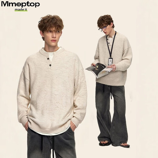 MMOPTOP relaxed henley collar pullover sweater autumn and winter men's coat containing sheep wool sweater MMY17 oatmeal gray L