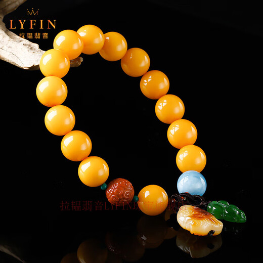 La Yun Feiyin Baltic Sea beeswax bracelet natural amber chicken fat yellow round bead bracelet beeswax fish pendant with jasper jade leaves Type A fish with jasper jade leaves
