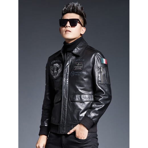 ARMANI EXCHANGE Armani 2025 new sheep leather jacket men's motorcycle jacket lapel B6 air force flight embroidered leather jacket spring and autumn black silk cotton + lamb fur collar L 110-125Jin Jin equals 0.5 kg