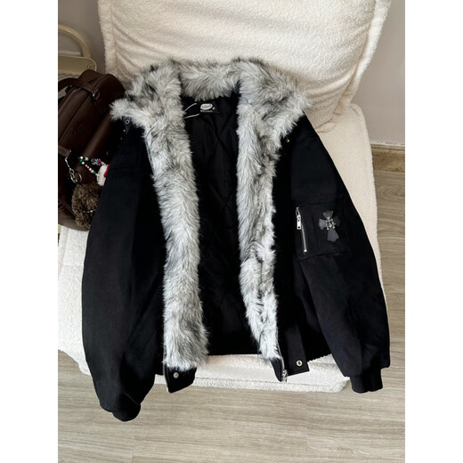 Shelley Jones Black American Retro Cross Mountain Carving Jacket Cotton Jacket Men's Winter Thickened Warm Fur Collar Cotton Jacket Black XL Recommended 120-140Jin Jin is equal to 0.5 kg