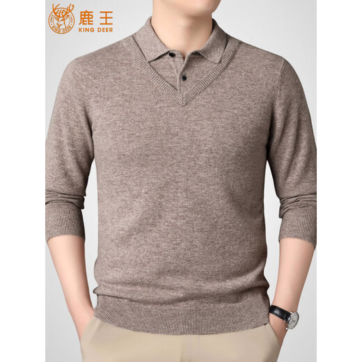 KING DEER Cashmere Sweater 2025 Winter New Men's High-End Business Fake Two-Piece Pullover Pure Cashmere Knitted Sweater Ancient Brown M 165 100-120Jin Jin is equal to 0.5 kg