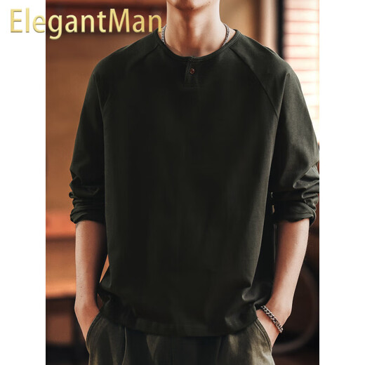 ElegantMan's beautiful retro tough guy Henry collar long-sleeved T-shirt men's autumn new loose cotton bottoming shirt top dark green M_Suitable for 110-130Jin Jin equals 0.5 kg