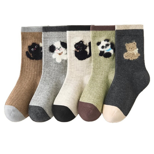 Boys' Socks, Children's Boneless Cartoon Cotton Socks, Velvet Medium Socks, Autumn New Anti-pilling Long Socks for Boys, F8281 Soft and Cute Fluffy Animals, 5 pairs, one size fits all, 2-5 years old, recommended shoe size 19-24