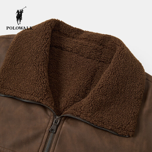 POLOWALK men's leather jacket 2025 winter new men's retro style simple stand-up collar plus velvet leather jacket brown coffee M
