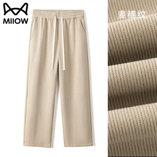 Catman wheat ear pattern plus velvet casual pants for men in spring and autumn corduroy loose straight trousers drapey anti-wrinkle wide leg sports pants ergonomic pants apricot spring style no ironing easy to take care of L height 165-178 weight 125-135