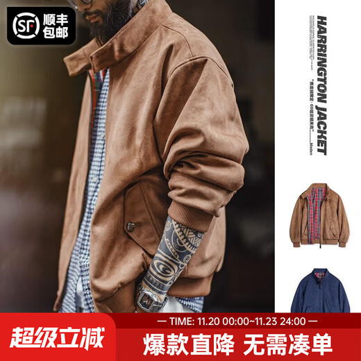 Madden Workwear American Retro Suede Harrington G9 Jacket Men's Loose Stand Collar Vintage Men's Jacket Autumn Yellow Brown Simple Casual Men's Wear/Maillard Wear L Do not mix with light-colored clothing