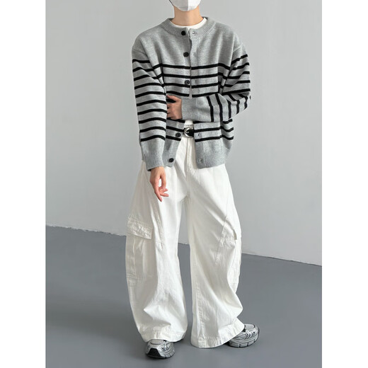 Lanlingfang autumn and winter Korean style fashionable vintage Henry collar contrast striped sweater cardigan for men and women loose simple knitted jacket trendy black striped M