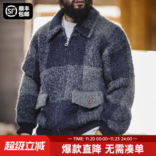 Madden Workwear American Retro Buffalo Plaid Woolen Jacket Wool Blended Lapel Plaid Cardigan Hunting Jacket Men's Autumn Gray Blue Loose Fit 2XL