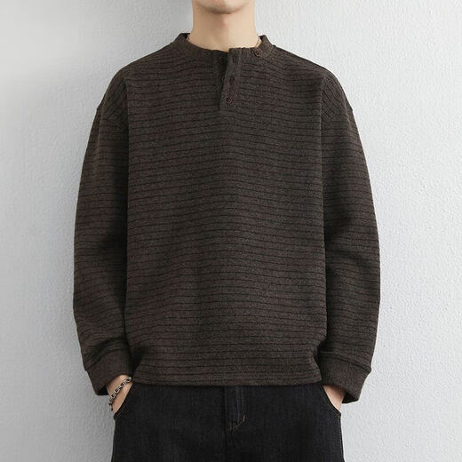 Yuandi Chaoshan Sweater Men's Henry Collar Striped Sweater Men's Autumn and Winter Long-Sleeved Bottoming Warm Wool Sweater with Wool Inside Dark Gray Gray Anti-pilling L 120-140Jin Jin is equal to 0.5 kg