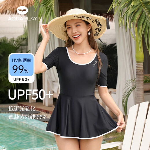 AQUAPLAY安泊来黑色短袖泳衣女泡温泉露背遮肚游泳衣海边度假法式显瘦泳装 【游泳2件套】黑天鹅泳衣+泳镜 M （96-110斤）