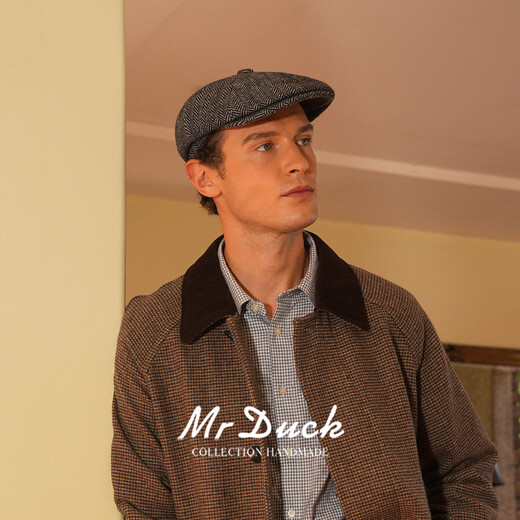 Mr DUCK Prussia winter octagonal beret handmade woolen men's herringbone literary intellectual newsboy cap herringbone dark gray (thick and warm)-MW56165 L (suitable for 58-59cm head circumference)