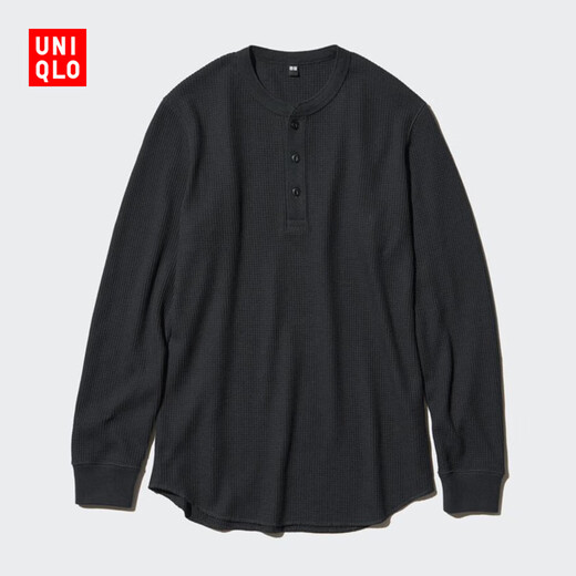 Uniqlo Men's and Women's Waffle Henley Collar Pullover Long Sleeve T-Shirt Solid Color Casual 475353 469924 475353/09 Black L