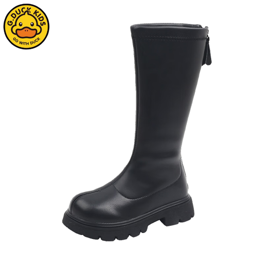G.duck Little Yellow Duck Girls' Boots Autumn and Winter Plus Velvet 2025 New Medium and Large Children's Soft Sole High Children's Boots Girls Long Black Single Liner Size 26/Inner Length 16.7cm