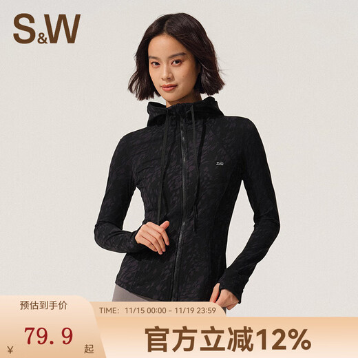 S&W Sports Jacket Women's Autumn Warm Printed Hooded Sports Fitness Yoga Wear Cycling Clothing Top Women Dark Black S