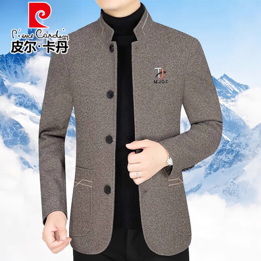 Pierre Cardin high-end woolen jacket men's spring and autumn new business casual stand-up collar tunic daddy top 5206F coffee color and cotton XL 180 suitable for 135--155Jin Jin equals 0.5 kg