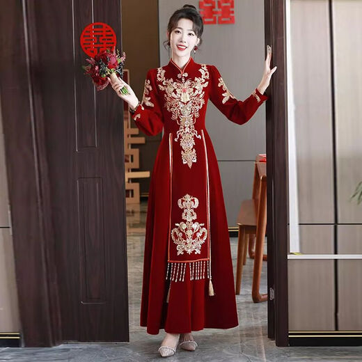 Fenggao (fenggao) Toast Wear Bride 2025 New Winter Clothes Burgundy Stand Collar Retro Cheongsam Winter Heavy Industry Embroidered Long Dress Burgundy Long Style 202 S Dress size is too small. Consult customer service to check the size.