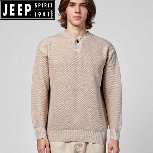 JEEP SPIRIT autumn and winter retro lazy style Henry collar sweater men's loose casual versatile knitted bottoming shirt thickened warm top camel S