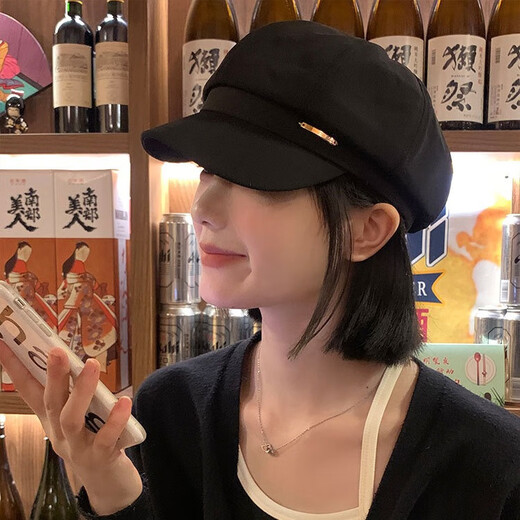 HG beret girls octagonal hat women's autumn and winter fashionable new style newsboy cap big head circumference shows small face black one size