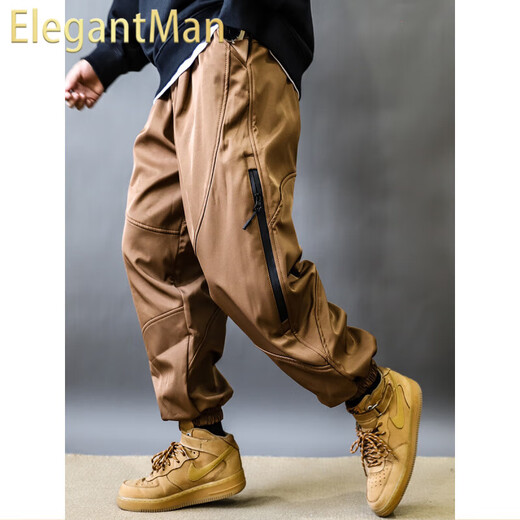 ElegantMan hip-hop high-quality multi-pocket plus velvet thickened overalls for men in autumn and winter warm and loose functional leggings harem pants black plus velvet M