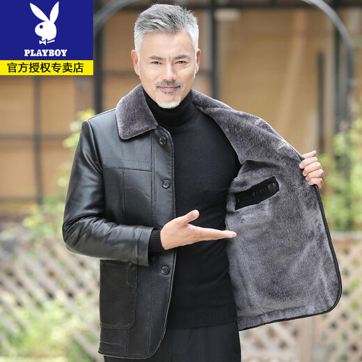 Playboy dad winter coat velvet thickened middle-aged 50-60 leather jacket 70 middle-aged and elderly men's fur all-in-one leather jacket black (button style) 4XL 195 suitable for 160-180 Jin Jin equals 0.5 kg