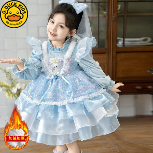 G.duck Girls Elsa Princess Velvet Thickened Dress 2025 Autumn and Winter Lolita Princess Dress Birthday Dress Puff Skirt Blue Velvet Free Veil 120
