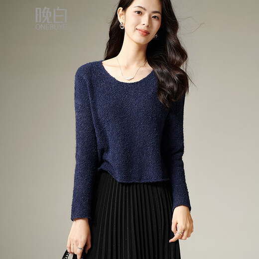 Late White 2025 Winter Premium Casual Sweater Temperament Loose Round Neck Wool Solid Color Sweater Women Dark Blue L