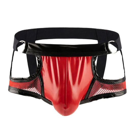 Gay men's sexy patent leather double thong open crotch feeling gay men's open leg free of lifting buttocks red more sexy M