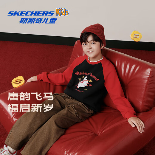 Skechers Children's Spring Series Autumn and Winter Children's Clothes Red Raglan Sleeves Fashionable and Versatile Sweater L126K007