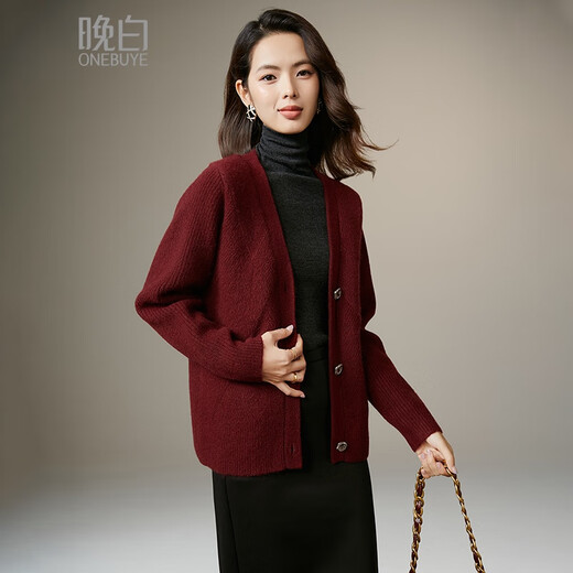 Late White New Product 2025 Winter Fashion Casual Chinese Red Sweater High Elastic Wool Knitted Cardigan Jacket for Women Burgundy M