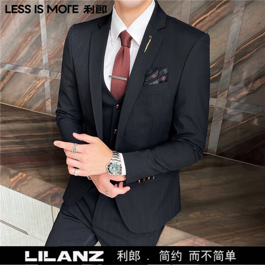 LESS IS MORE Lilang three-piece suit suit men's striped business formal wear Korean style trendy slim and handsome groom wedding dress official flagship black counter genuine M