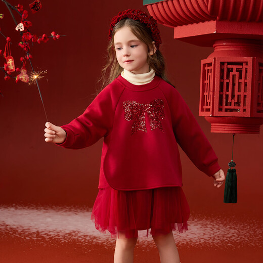 ASK JUNIOR New Year's greetings clothes, children's New Year's knitted splicing mesh dress, winter children's skin-friendly skirt, girl's sweatshirt skirt