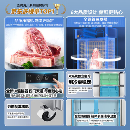 Морозильная камера Haier Коммерческий четырехдверный шестидверный холодильник Кухонный шкаф Вертикальная морозильная камера для гостиниц Задняя кухня Кухонная быстрая морозильная камера Морозильник из нержавеющей стали Шкаф для консервирования свежего мяса Модернизированная модель Haichuan Все медные трубы Высокоточная четырехдверная четырехдверная холодильная камера из нержавеющей стали