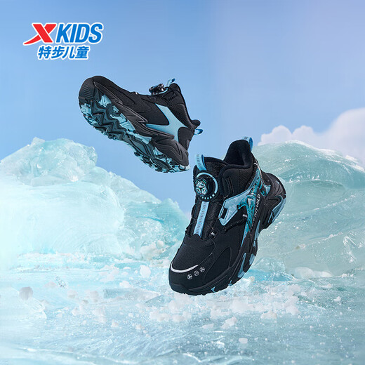 XTEP children's cotton shoes, winter wear-resistant, windproof, soft leather surface, warm and fine mink velvet sports shoes for boys and girls, middle and large children, black/empty blue 33